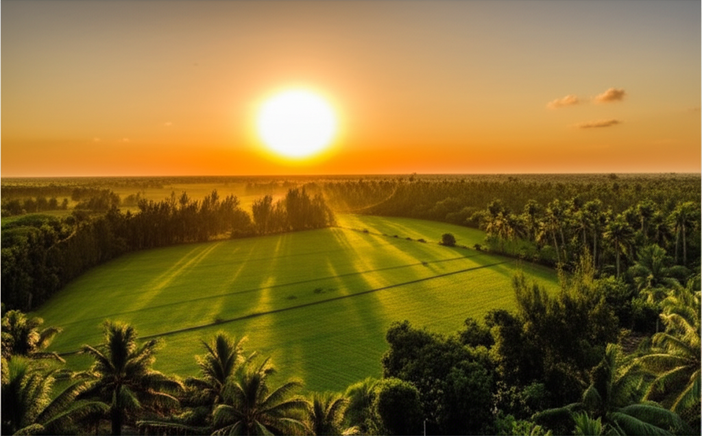 A beautiful sunrise over the green fields of Tamil Nadu, representing a new beginning.